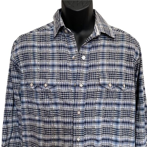 Vintage Rough Stock Panhandle Slim Pearl Snap Western Button Down Shirt Sz M - Picture 2 of 9